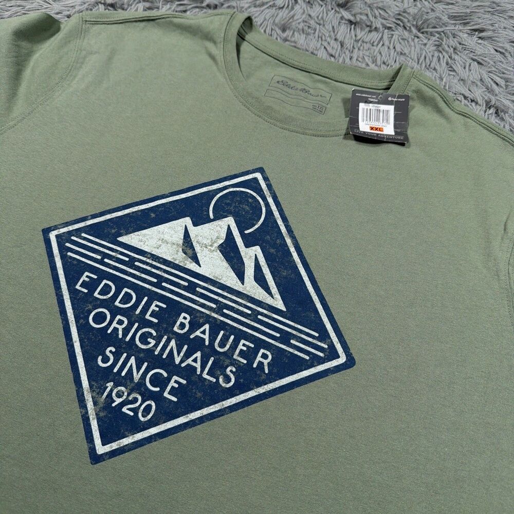 Eddie Bauer Shirt XXL Green Blue Center Graphic Spell Out Pullover Outdoor Mens